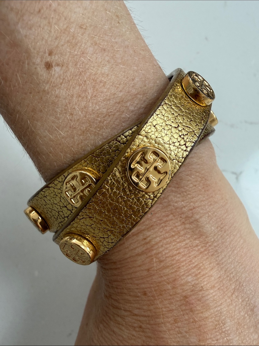 Tory Burch gold metallic leather double wrap bracelet with gold hardware